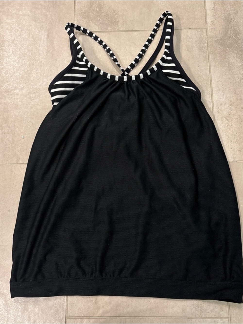 Athleta XS Black Strappy Tank with Black & White Striped Accents